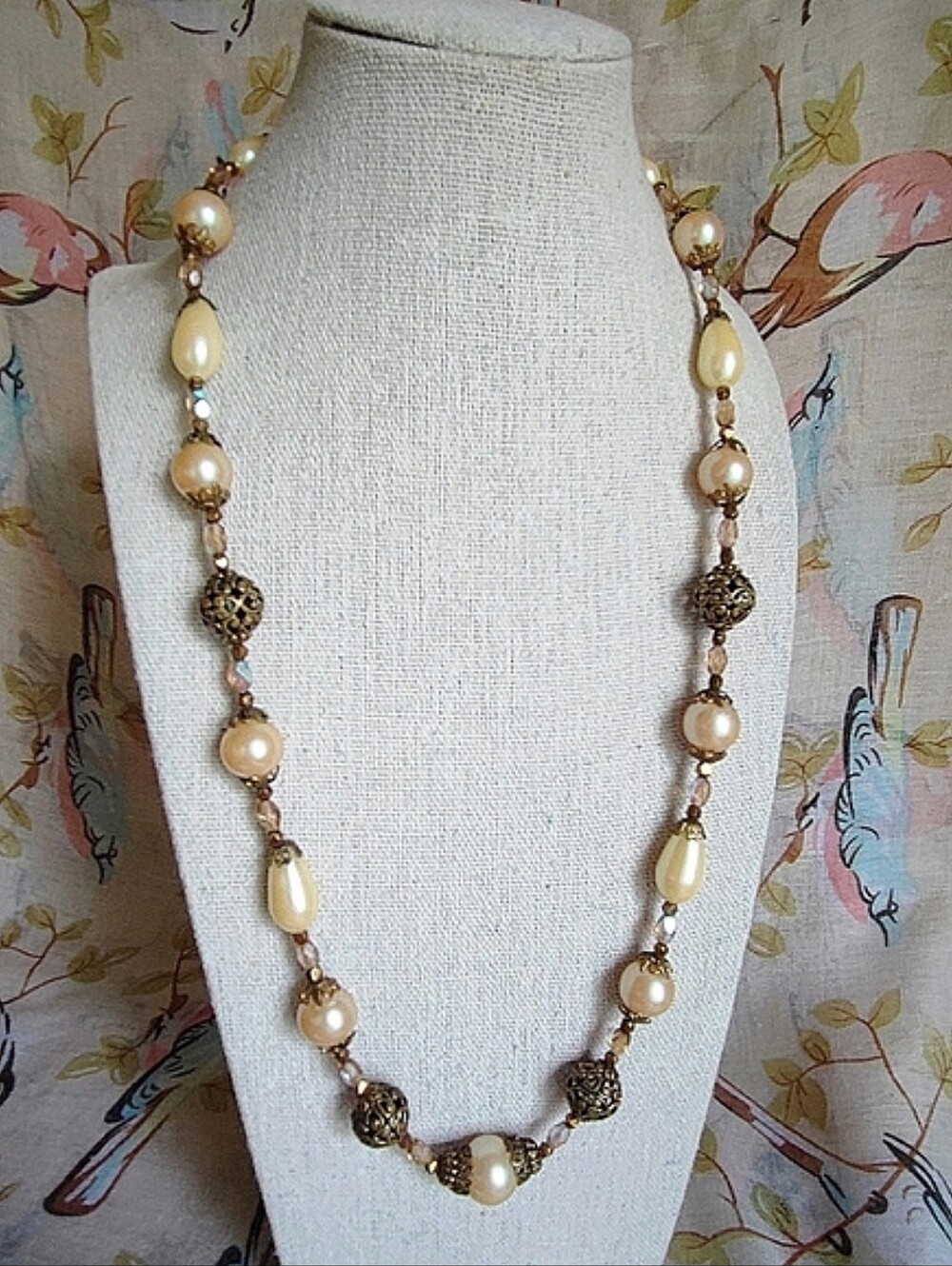 Faux Round Teardrop Cream Pearls Filigree Brass Beads Box Clasp Vintage Necklace